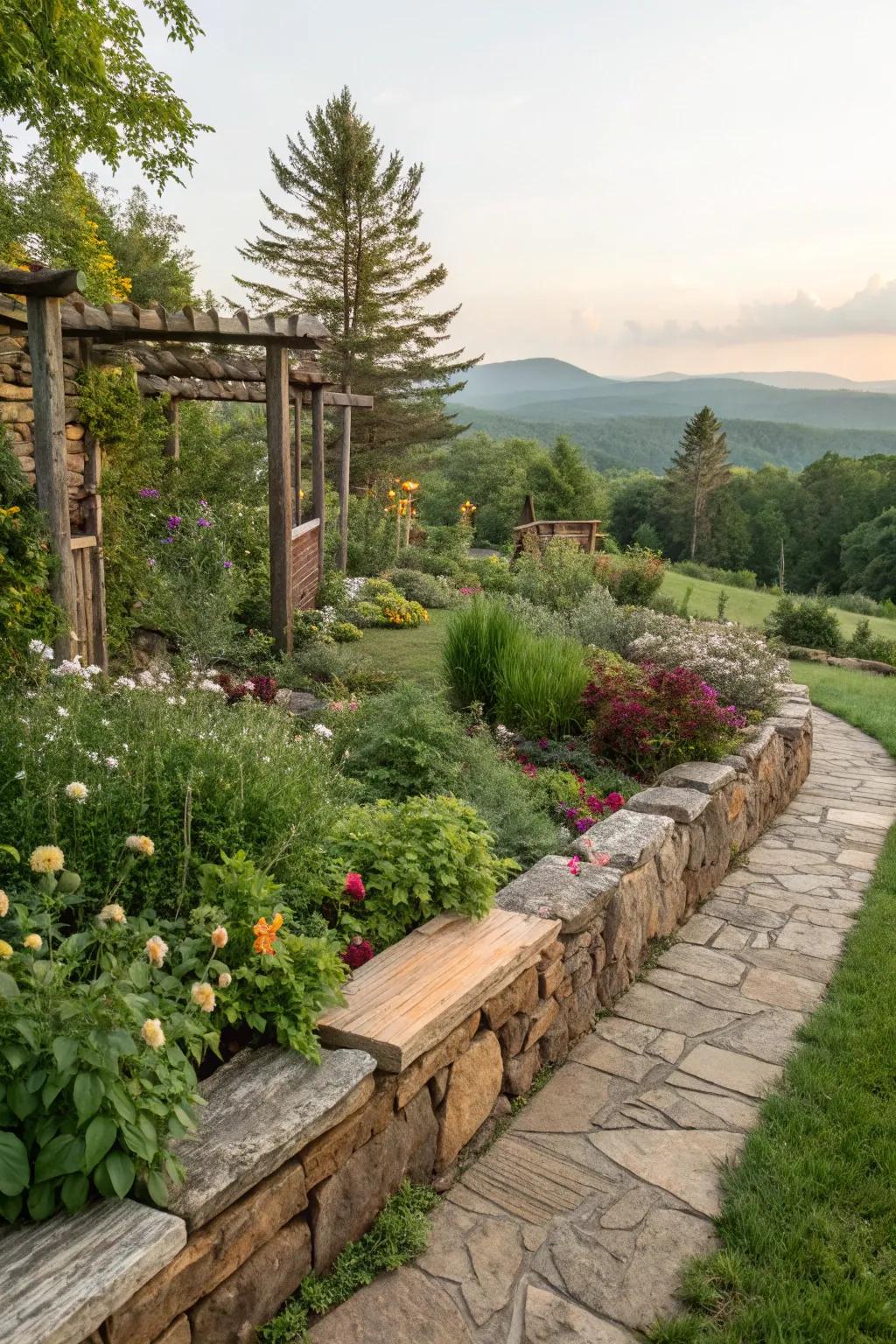 Countryside accents such as stone and timber infuse warmth into garden borders.