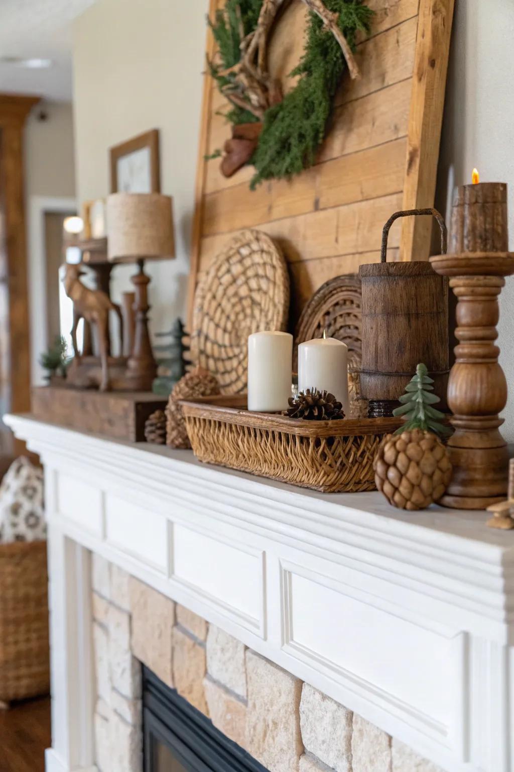 Rustic accents bringing warmth and charm to the mantel.