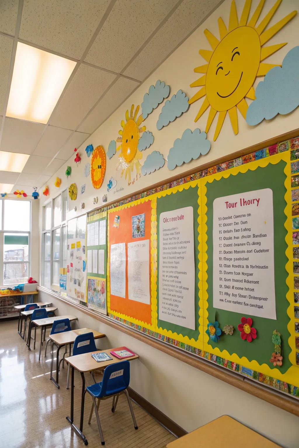 Spring verses sparkle beneath a sun-drenched bulletin board.