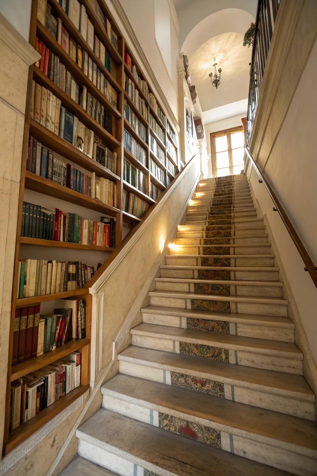 Build a cozy reading spot with stairway bookshelves.