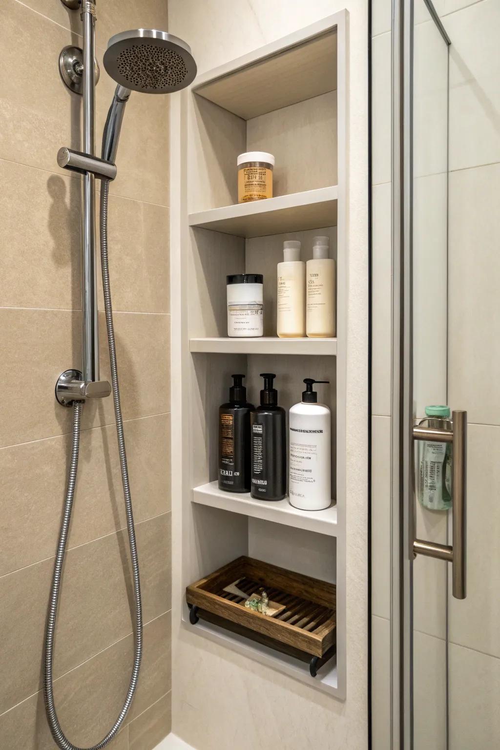 With clever storage options, a standup shower stays neat and tidy.
