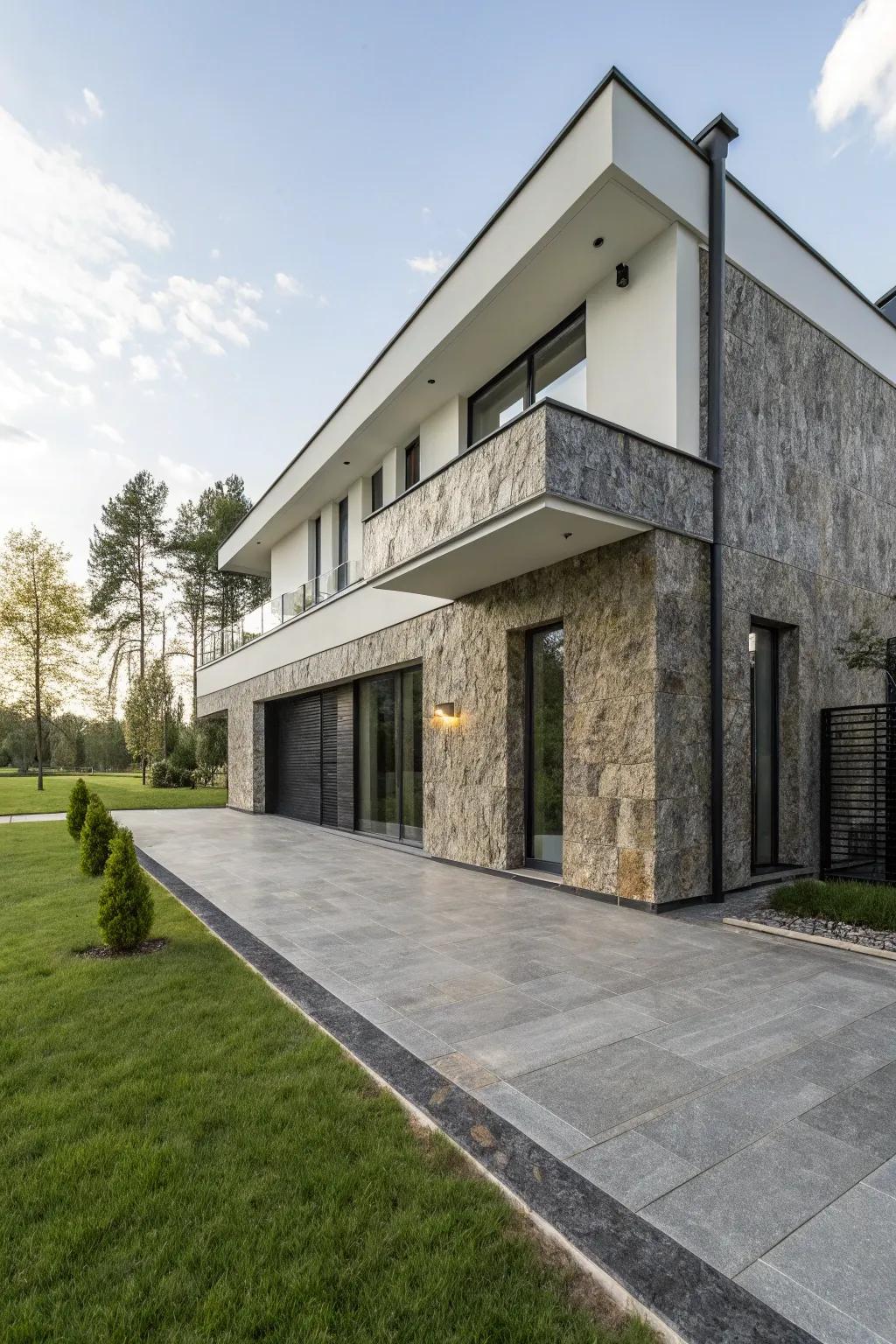 A modern house featuring a sleek hard rock stone facade.