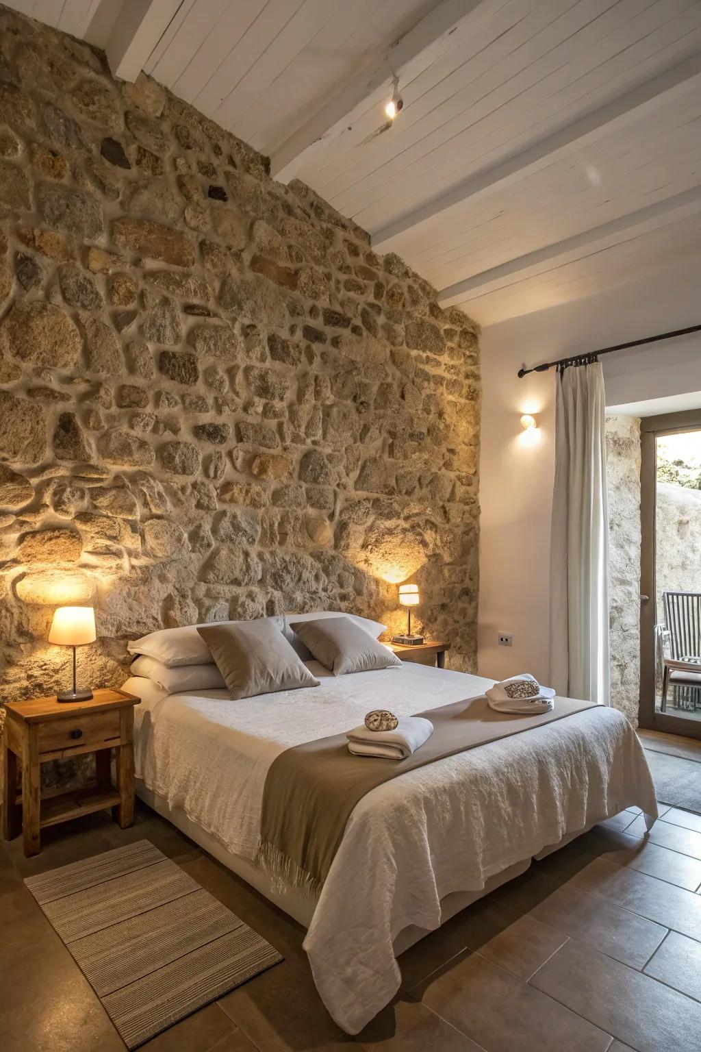 A bedchamber that beckons relaxation with a stone feature wall.
