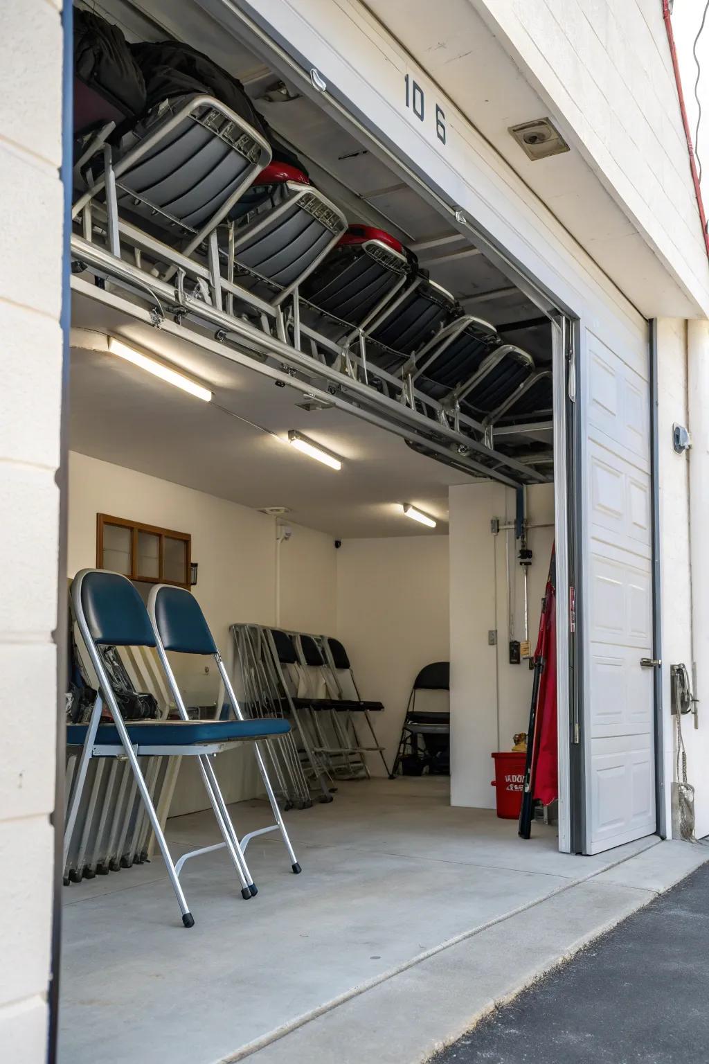 Make use of ceiling space through garage ceiling racks for storing folding chairs.