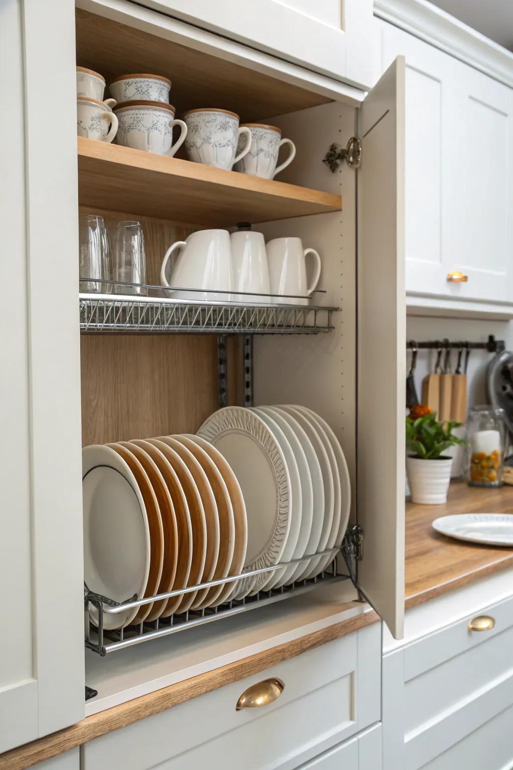 An organized kitchen cupboard featuring a vertical plate holder, optimizing space and accessibility.