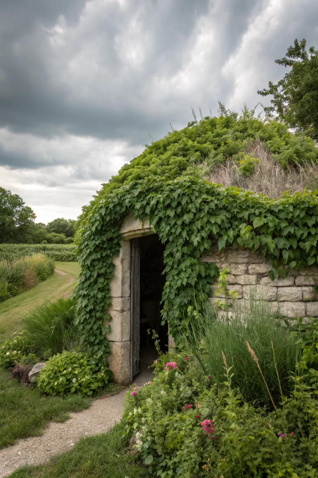 Climbing vines offer a lush, natural covering for your storm shelter.