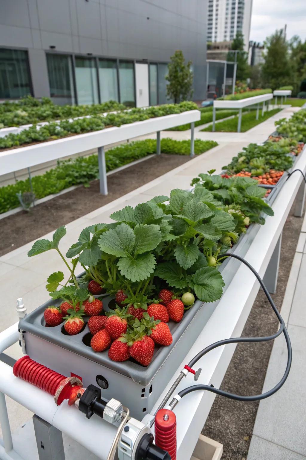 A sophisticated hydroponic system for cultivating strawberries.