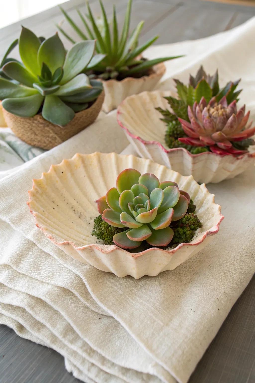 Ornamental shells fashion an oceanside-inspired succulent exhibit.