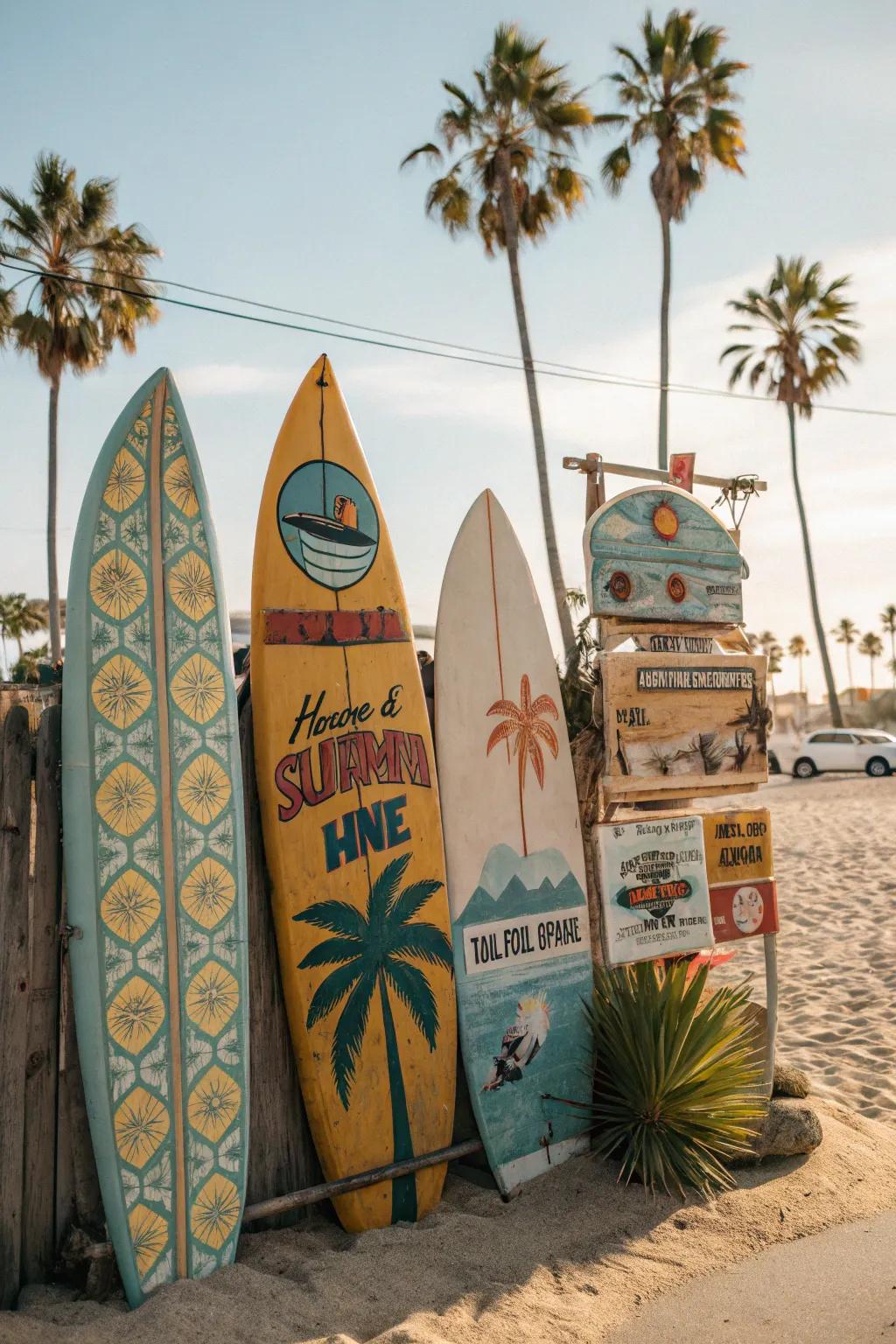 A vintage surf lodge themed display featuring surfboards and coastal signs.