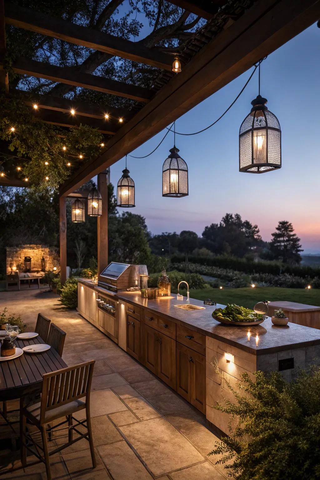 Strategic lighting enhancing the evening ambiance of an outdoor kitchen.