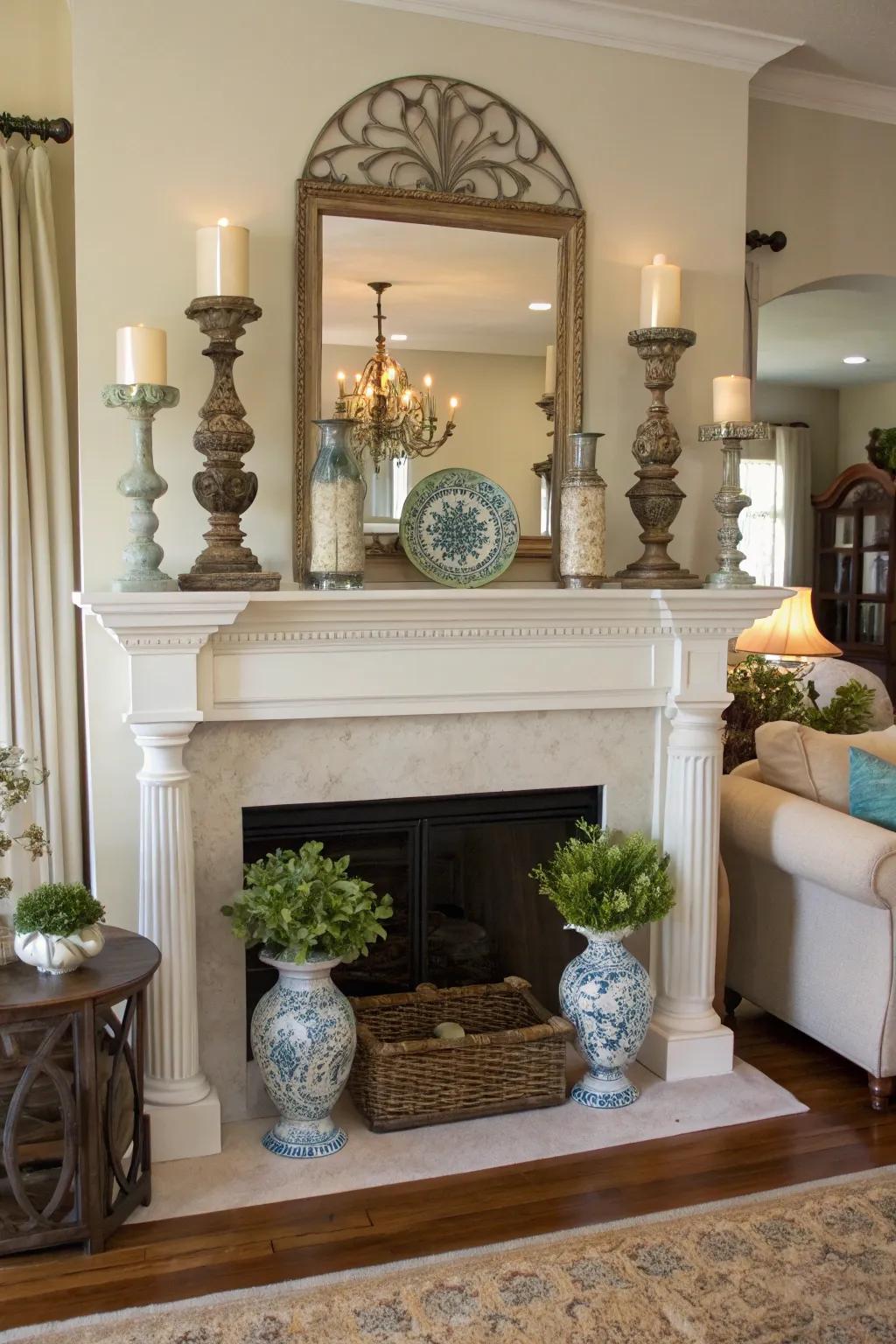 Symmetrical arrangements engender a sense of balanced harmony for your mantel.