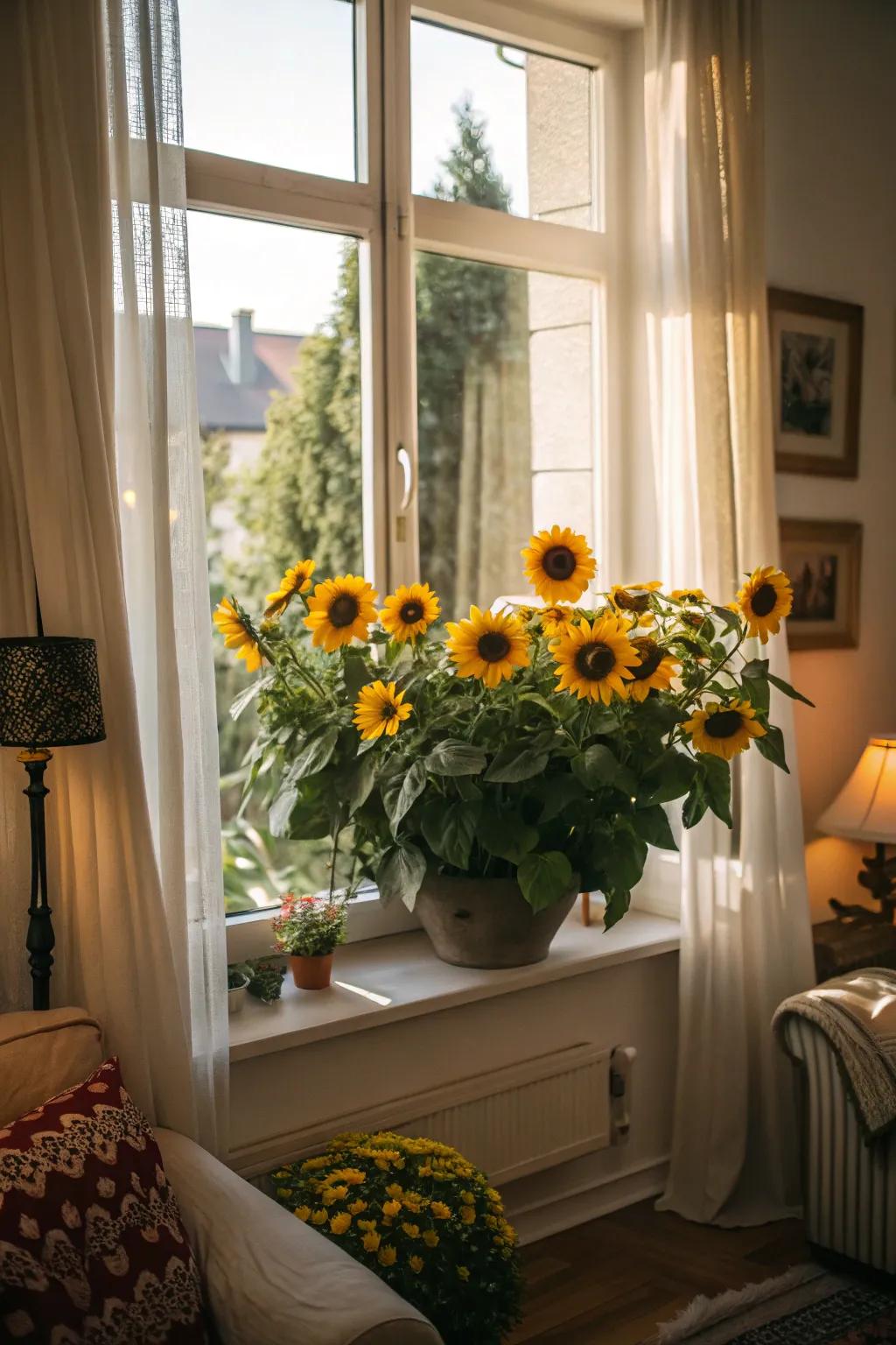 Brighten your mornings with a window alcove filled with sunflowers.