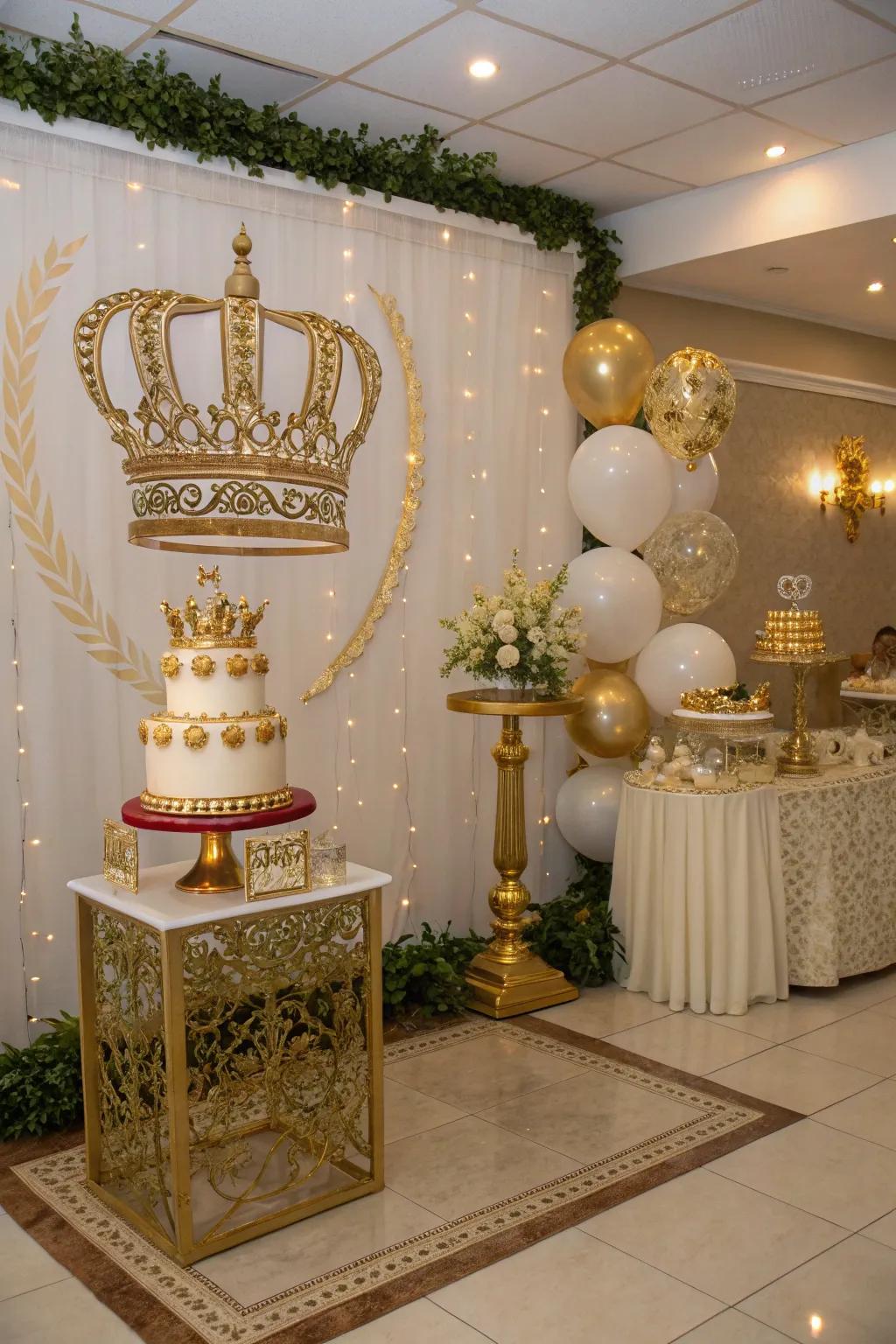 Royal crown accents transform the venue into a queenly celebration.