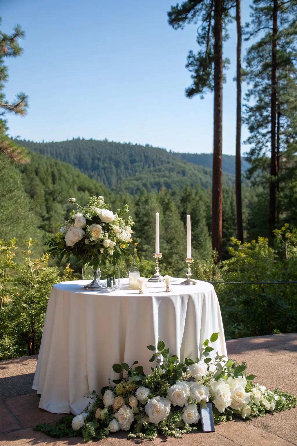A sweetheart table enclosed by nature's rich foliage and scenic vistas.