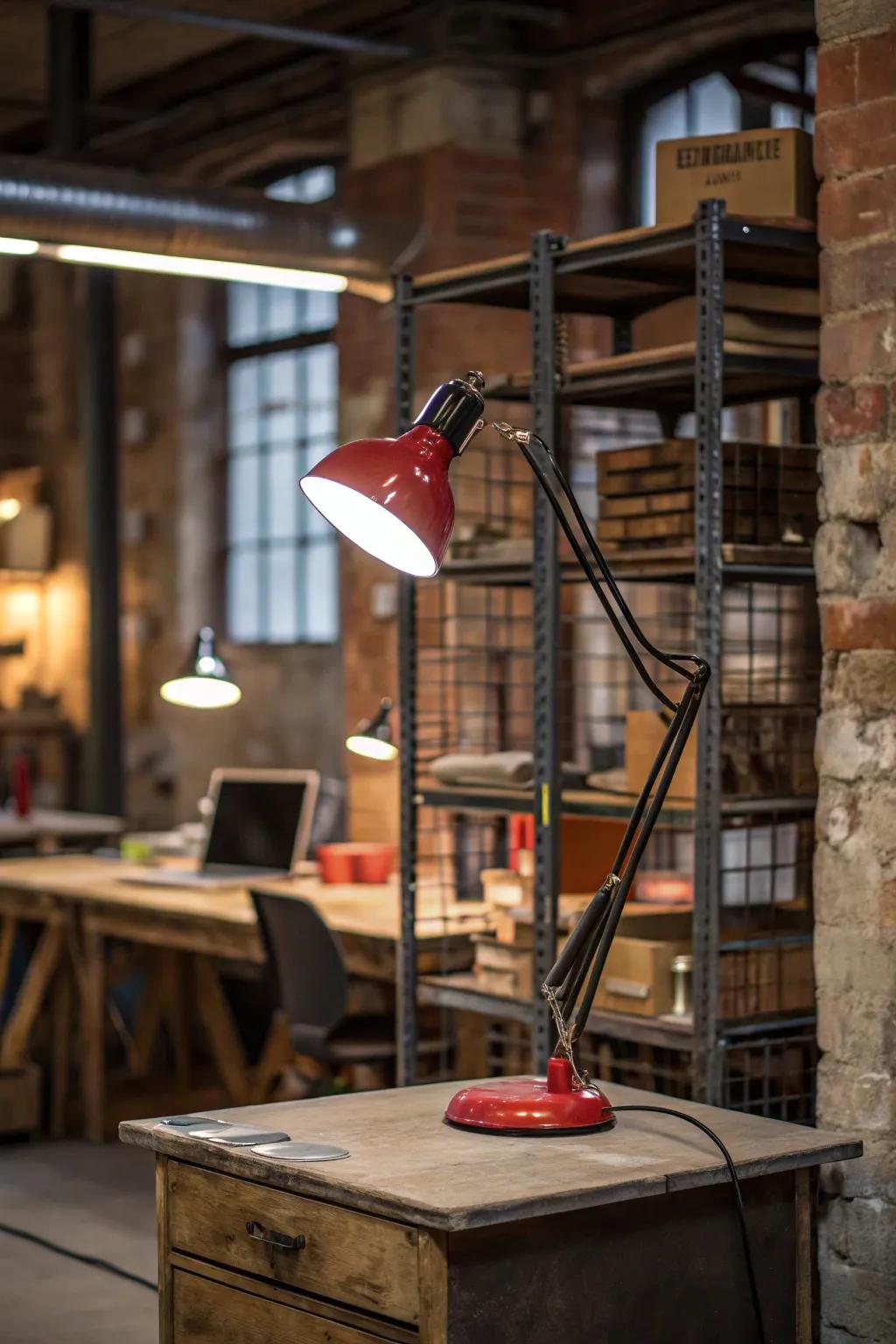 An industrial table lamp infuses a creative workspace with artistic flair.