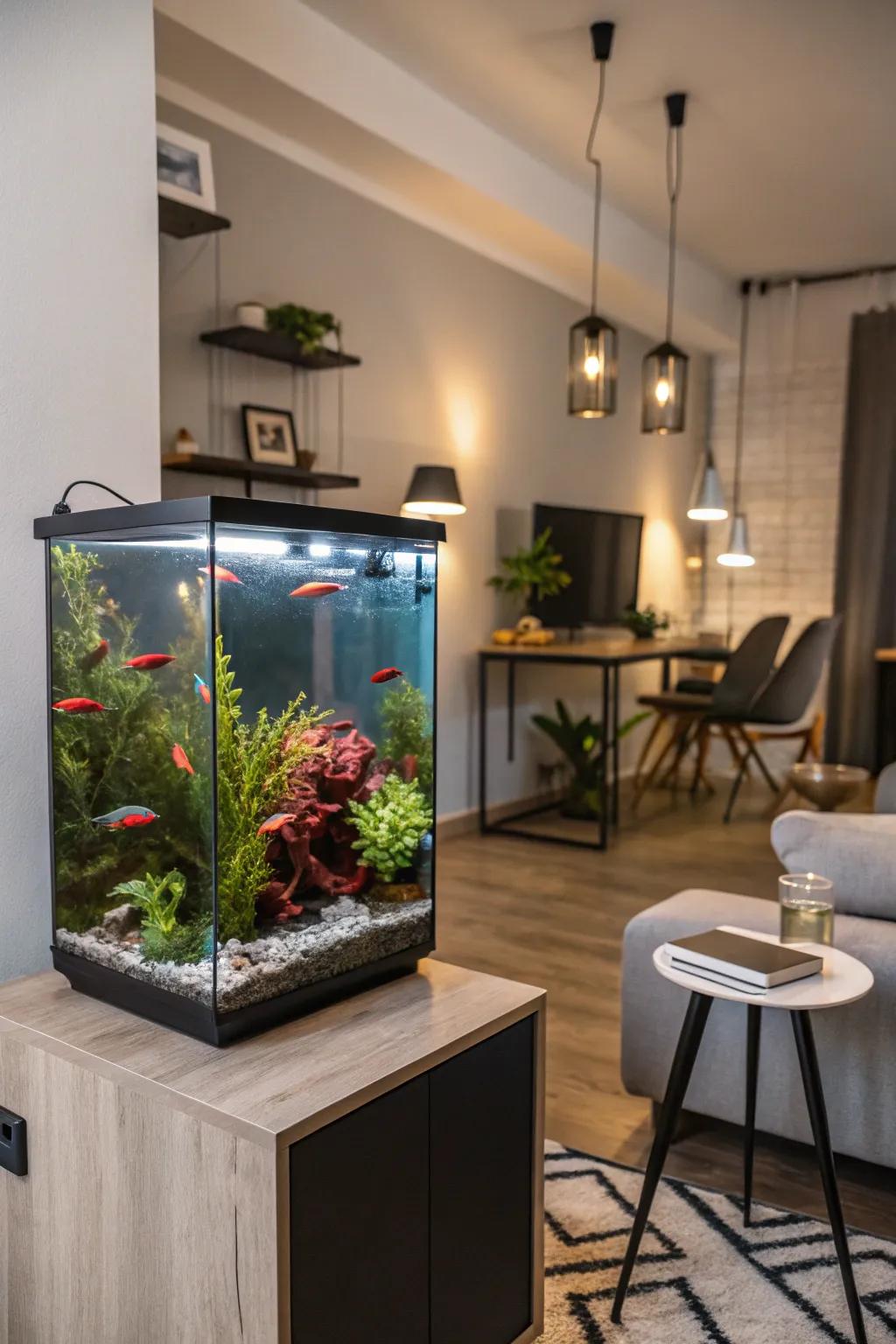 A spatially effective tall aquarium fitting seamlessly in a small area.
