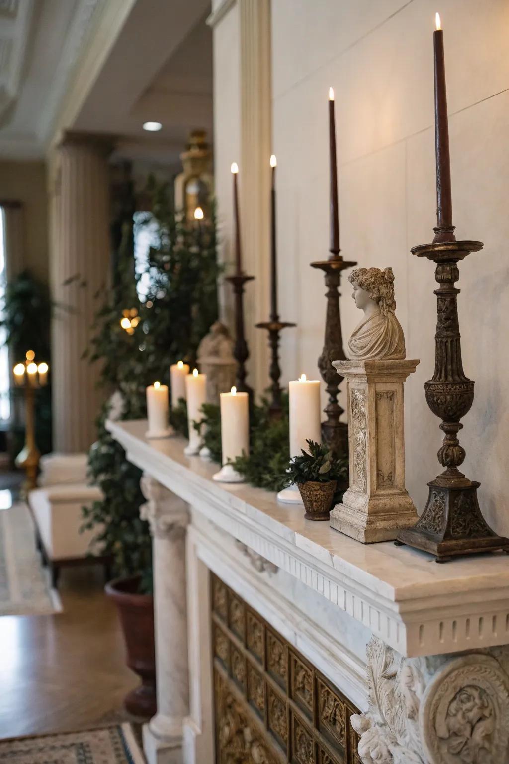 An elevated mantel featuring vertical components such as candlesticks and sculptures to accentuate altitude.