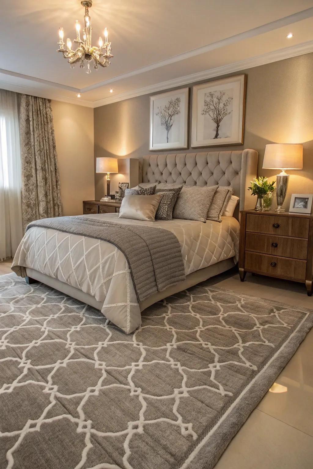 A greige and grey floor covering anchoring the bedroom.