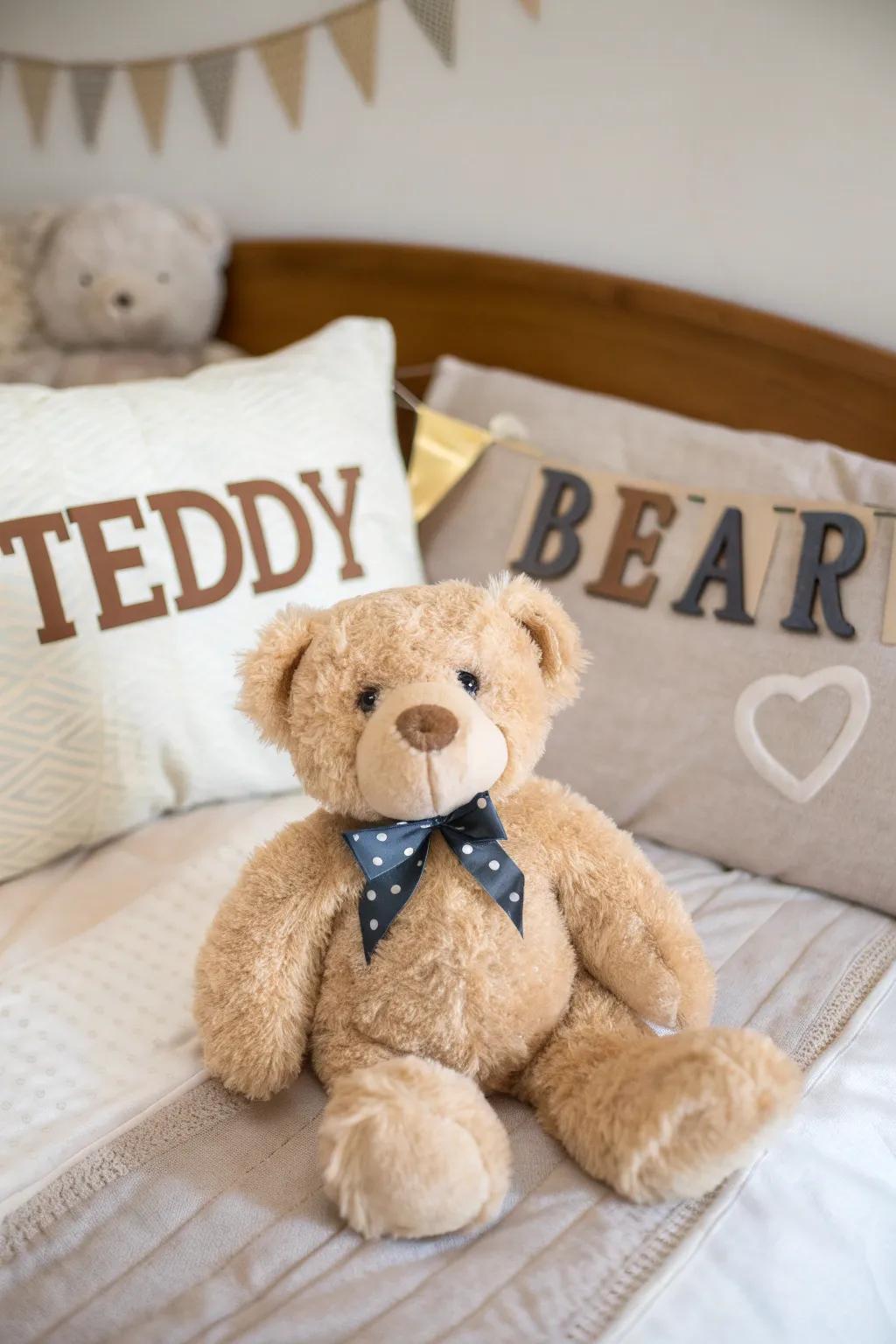 Personalized letters lend a sweet nuance to a stuffed bear centerpiece.