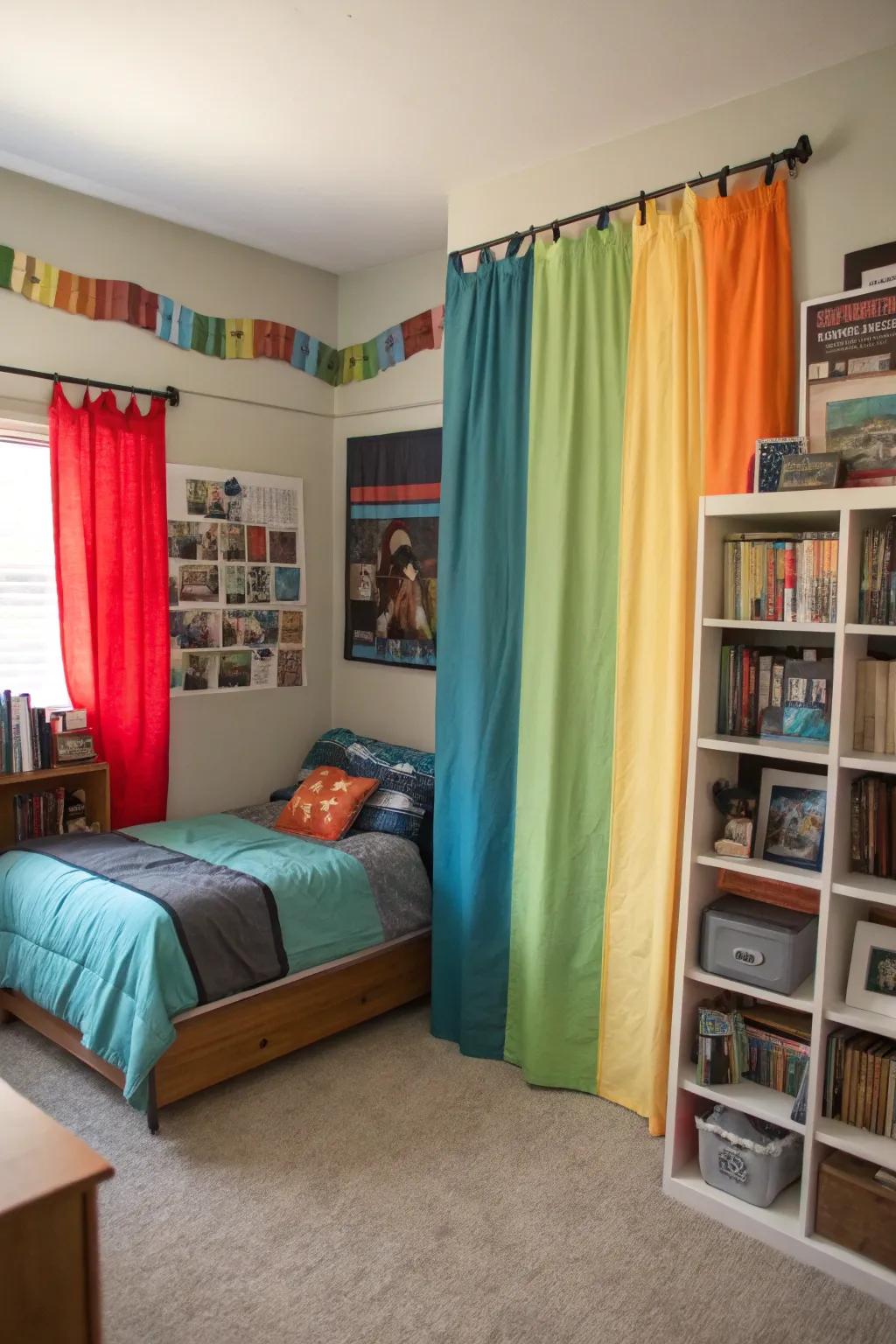 Color-blocked curtains fashion a modern and cohesive appearance.