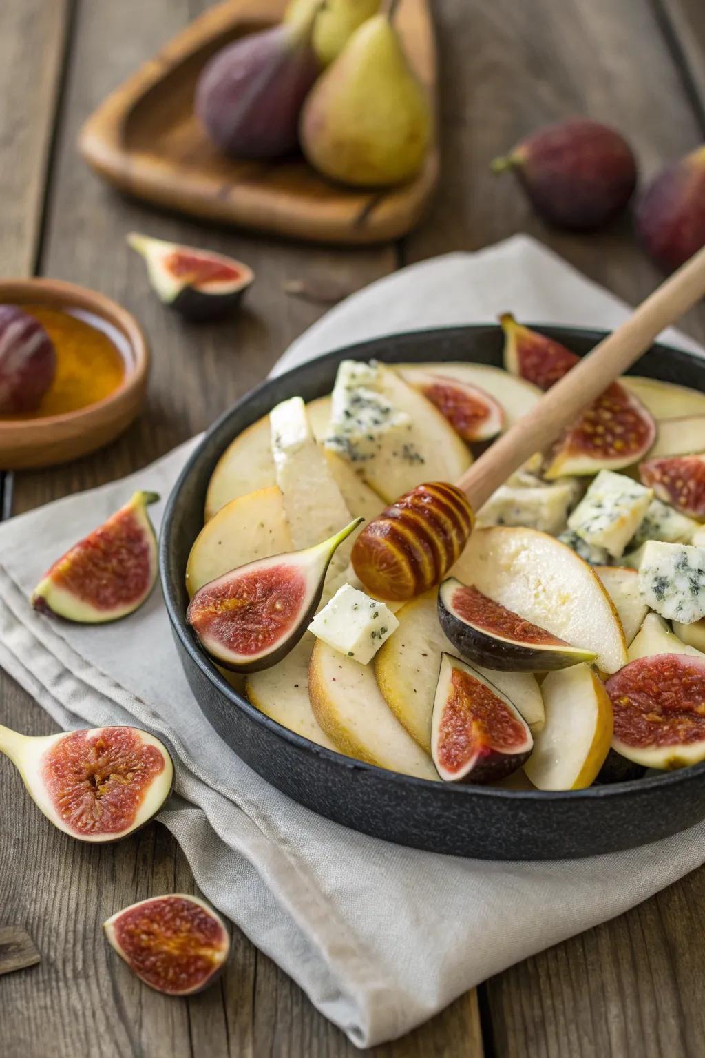 A mouthwatering pear and fig platter creates a savory, sweet experience.