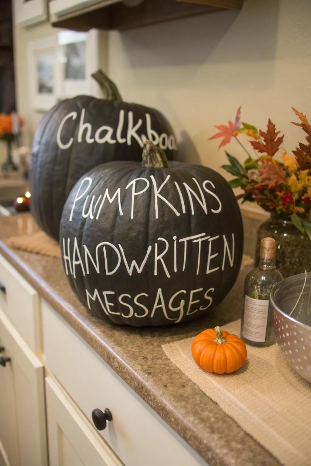 Interactive slate finish pumpkins for personalized sentiments.