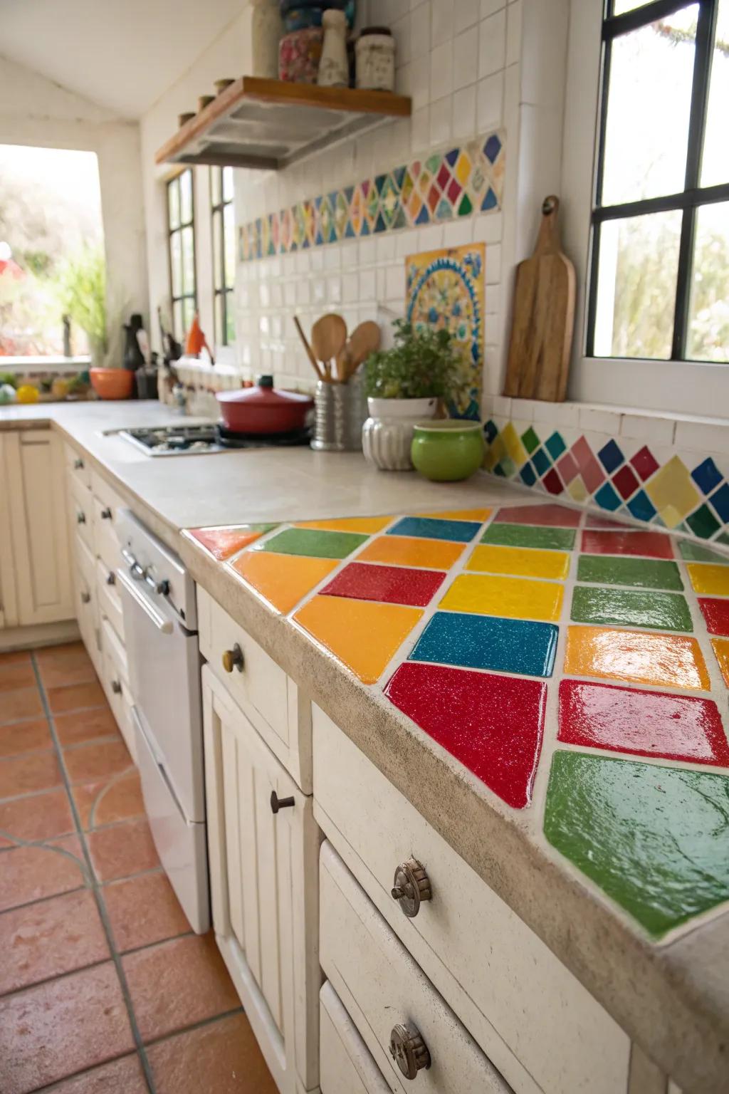 Brightly colored tiles contribute a lively touch to this cooking space.