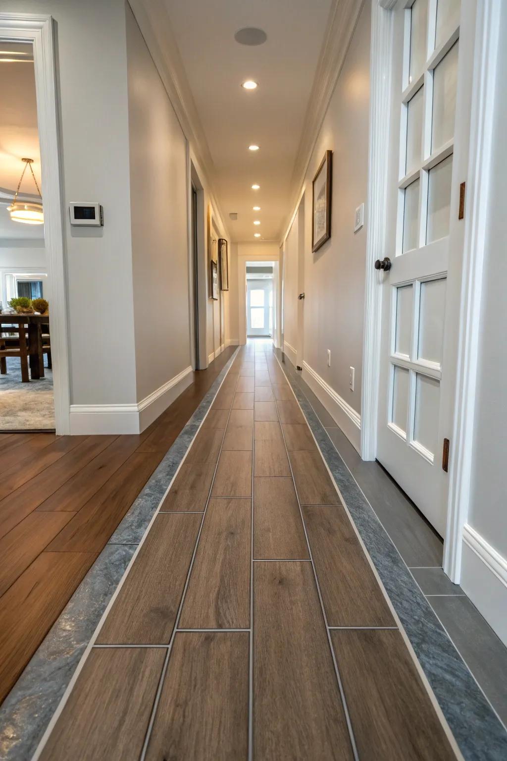 Edging strip crafts a seamless transition between ceramic and hardwood surfaces.