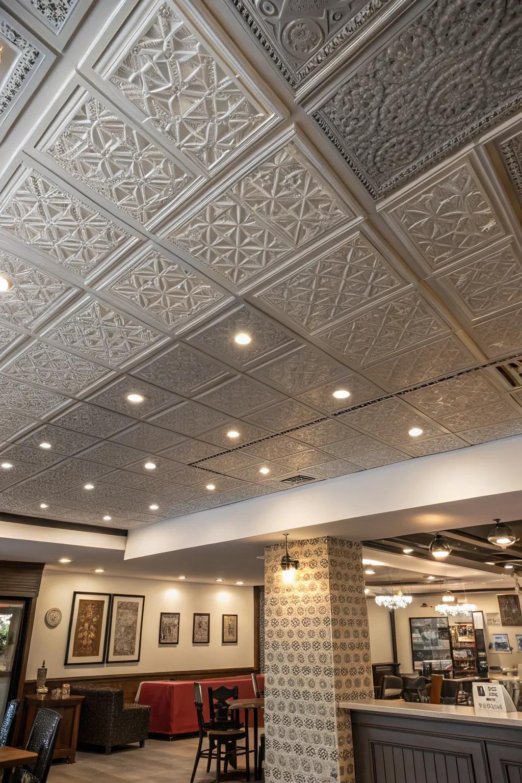 A unique ceiling design with mixed patterns.