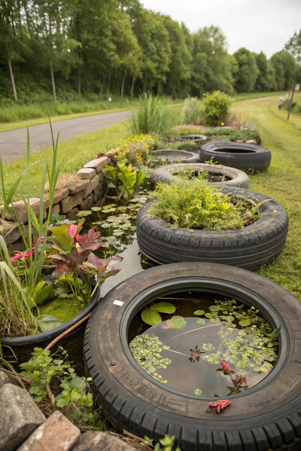 A tire water garden doubling as an ecological sanctuary.