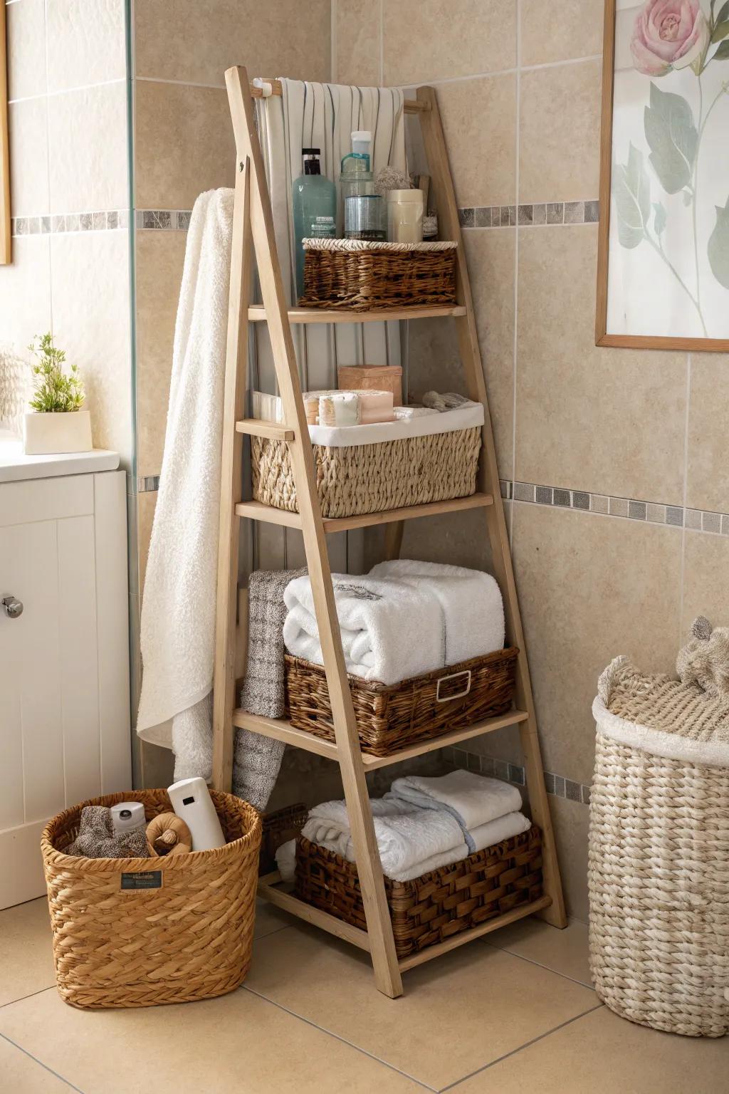 Optimize small spaces with a ladder shelf that combines towel storage and additional shelving.