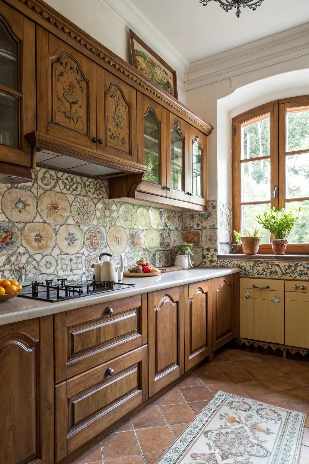 A decorative backsplash adds texture and interest to the kitchen.