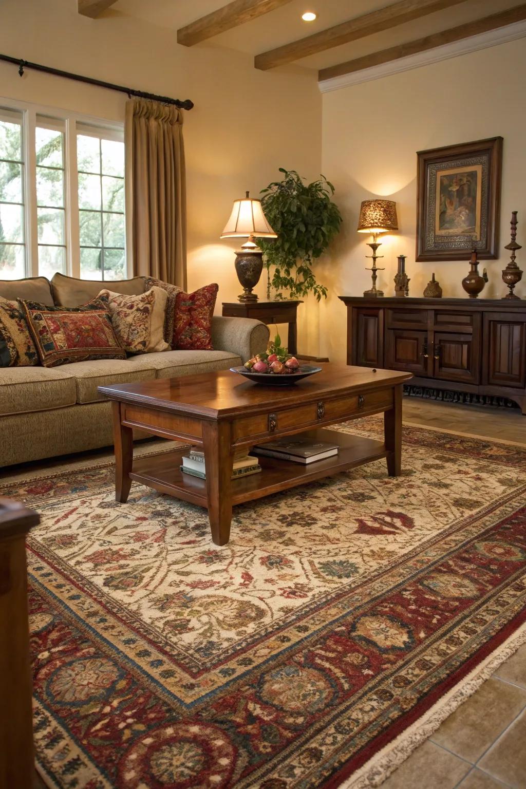 A striking rug anchors this classic living room beautifully.