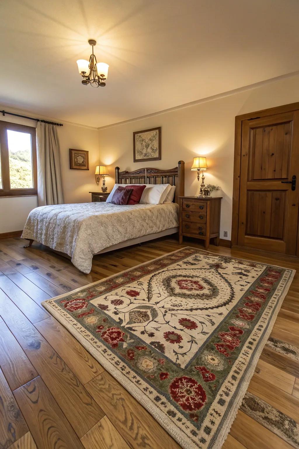 Decorative floor coverings introduce warmth and elegance to wood floors.