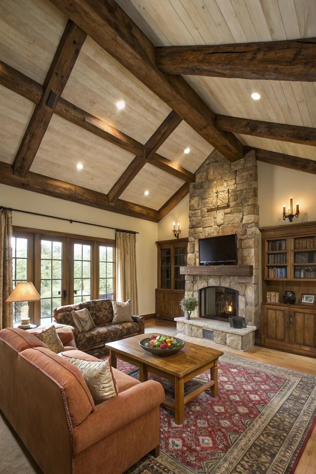 A rustic living room showcases a tray ceiling enhanced by timber beams.