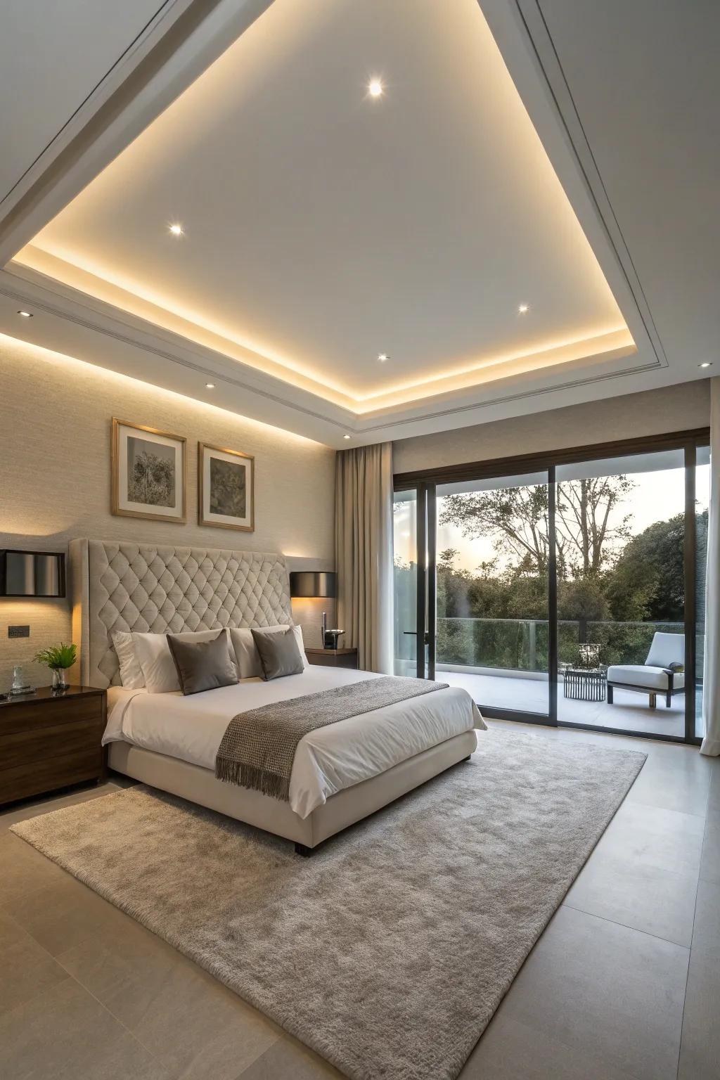 A modern bedroom contains intelligent lighting combined into the tray ceiling.