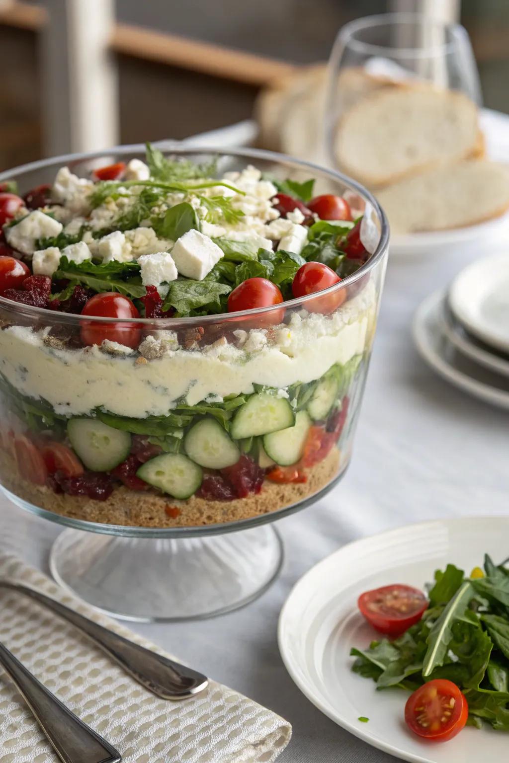 A trifle bowl magnificently exhibiting a tiered salad.