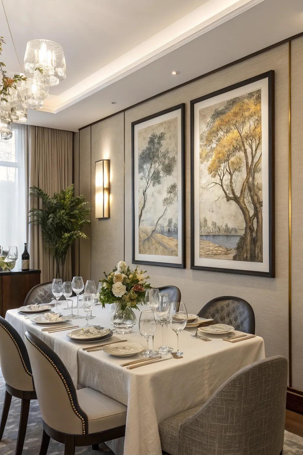 Stunning triptych artwork enhances the eating space.