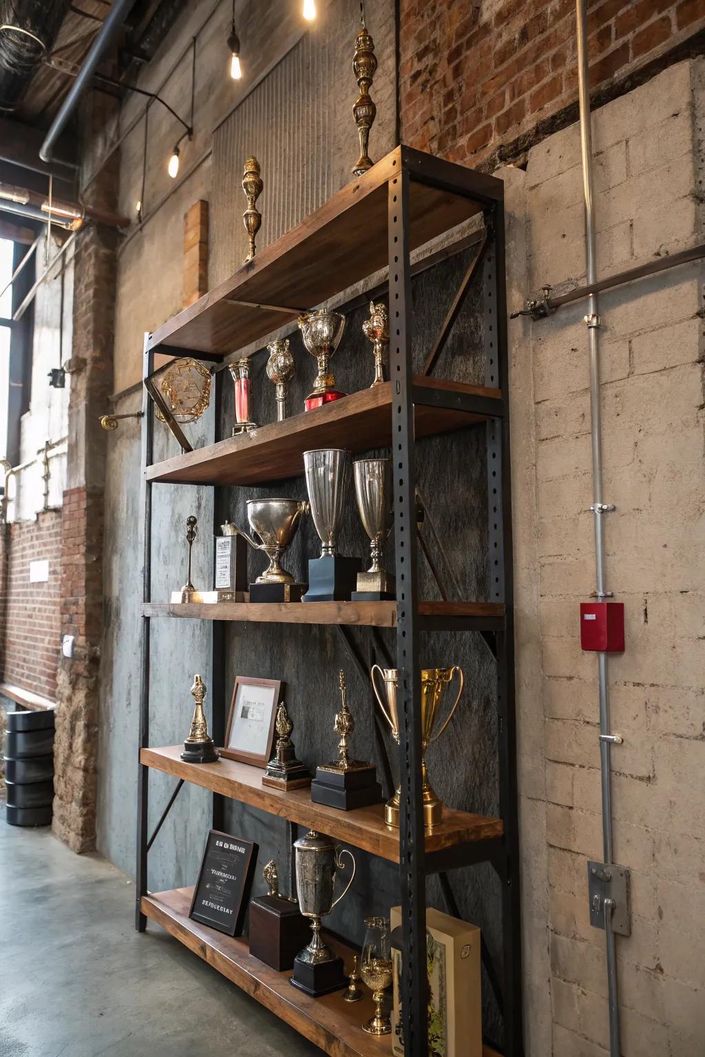 Trophy shelf combining wood and metal