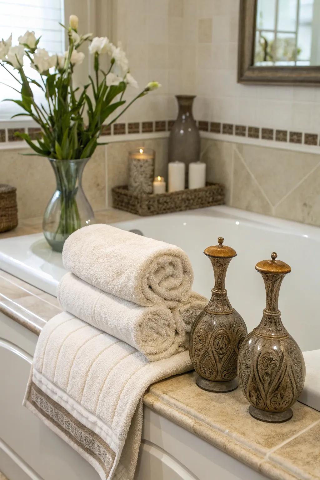 A cozy tub surround featuring plush cloths and elegant artistic vases.