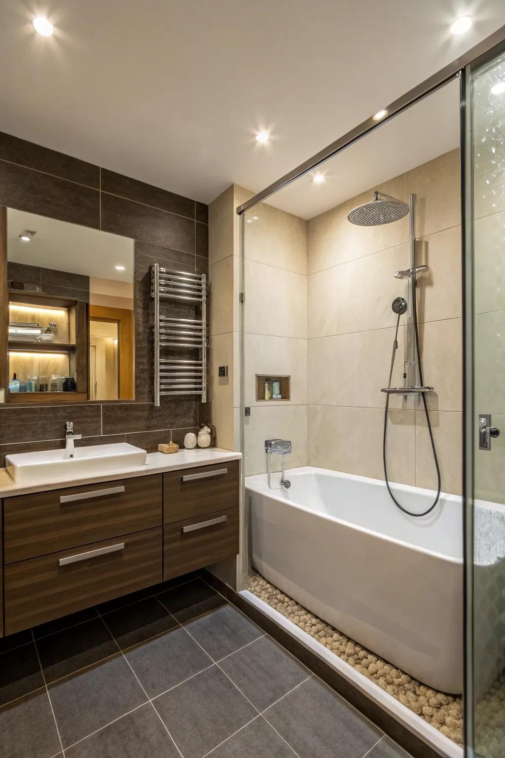 A dual-function setup integrating the shower and bath space for highest efficacy.