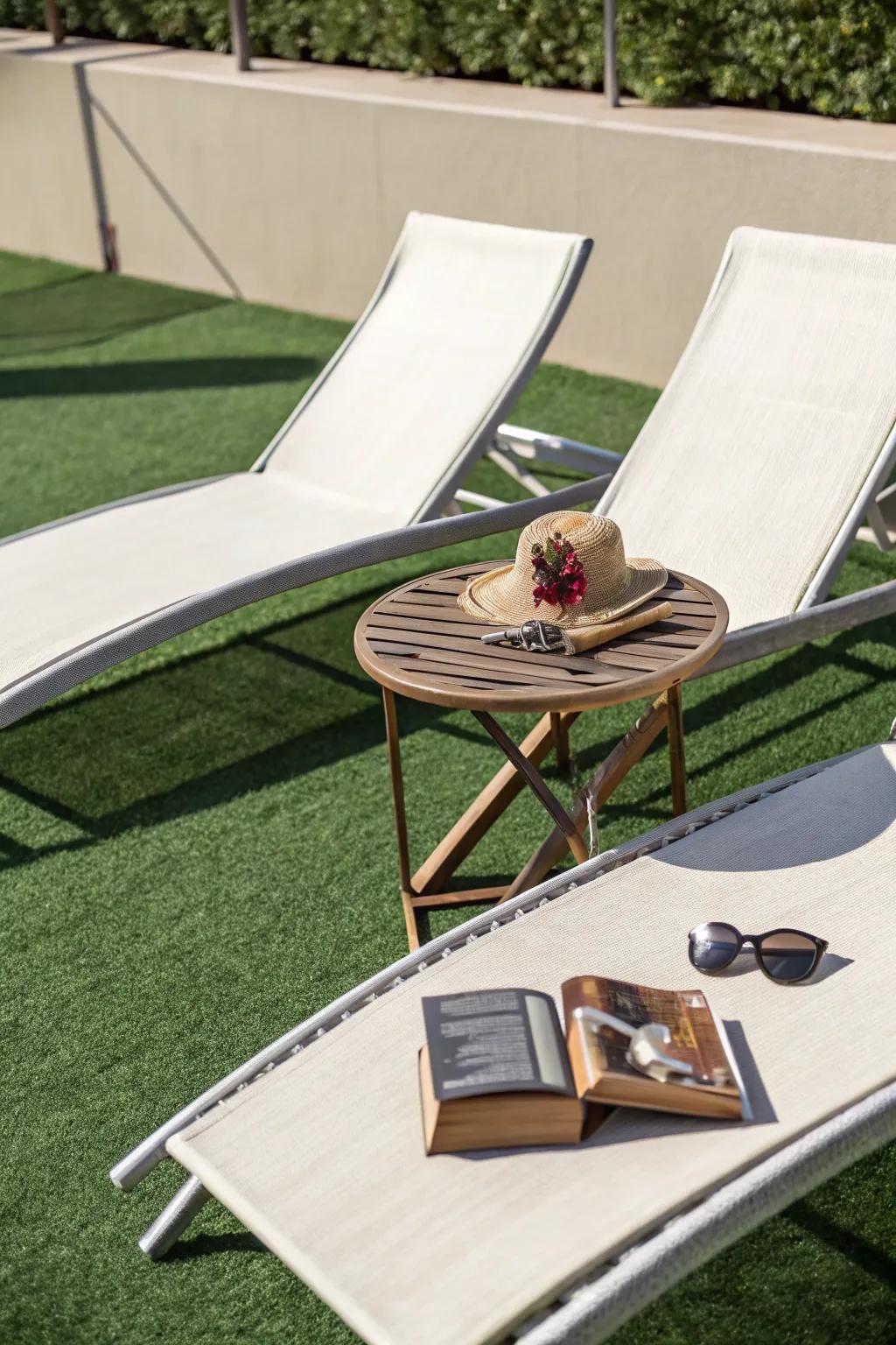 A sun-drenched synthetic lawn area, perfect for sunbathing.