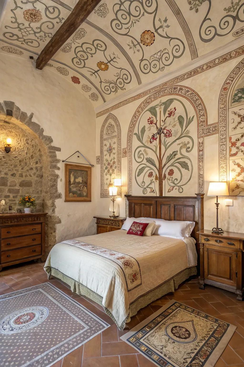 Ornamental art infuses color and character into your Tuscan-themed bedroom.
