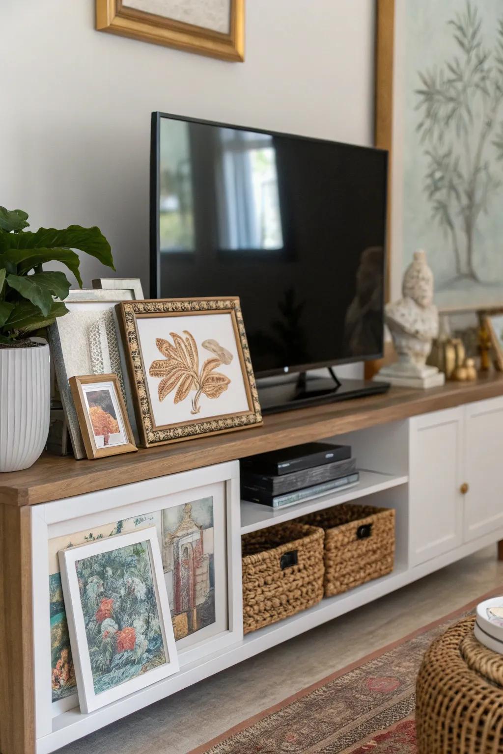 Art pieces and frameworks augmenting the character of a media console.