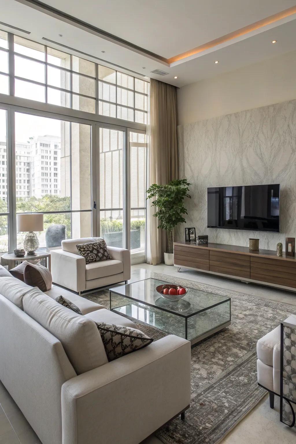 A TV wall complemented by stylish contemporary furnishings.