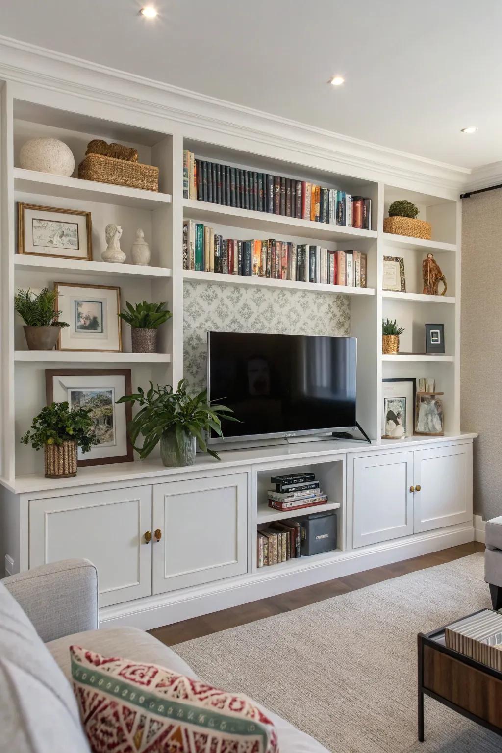 Ledges add pragmatic utilization alongside this showcased TV display.