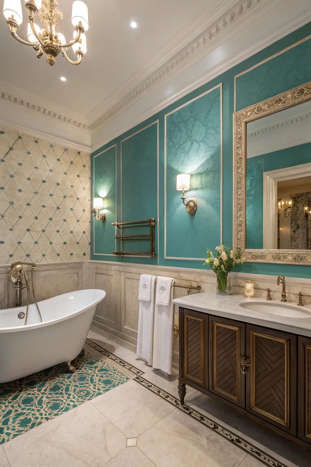 An elegant teal and ivory two-tone wall design that introduces a hint of extravagance.