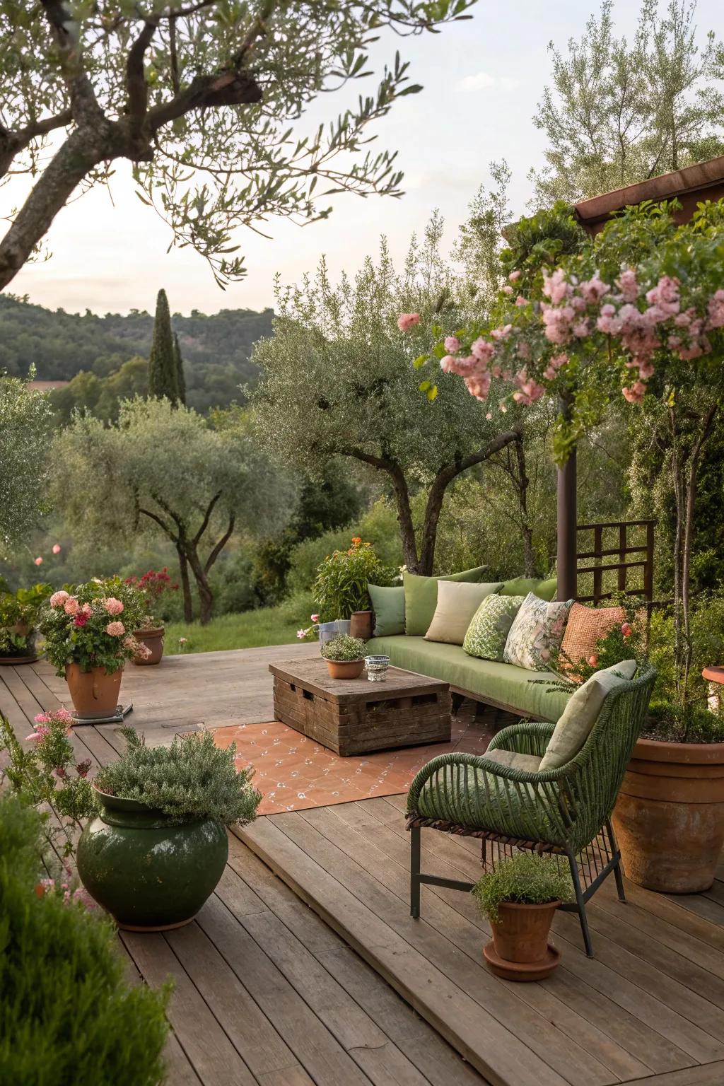 Soft green and terracotta create a deck that embodies natural beauty.