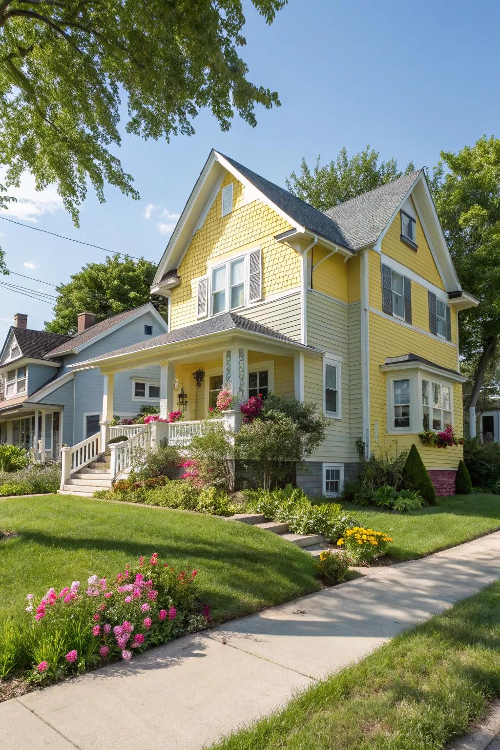 Radiant gold and subtle gray siding add a burst of joy.
