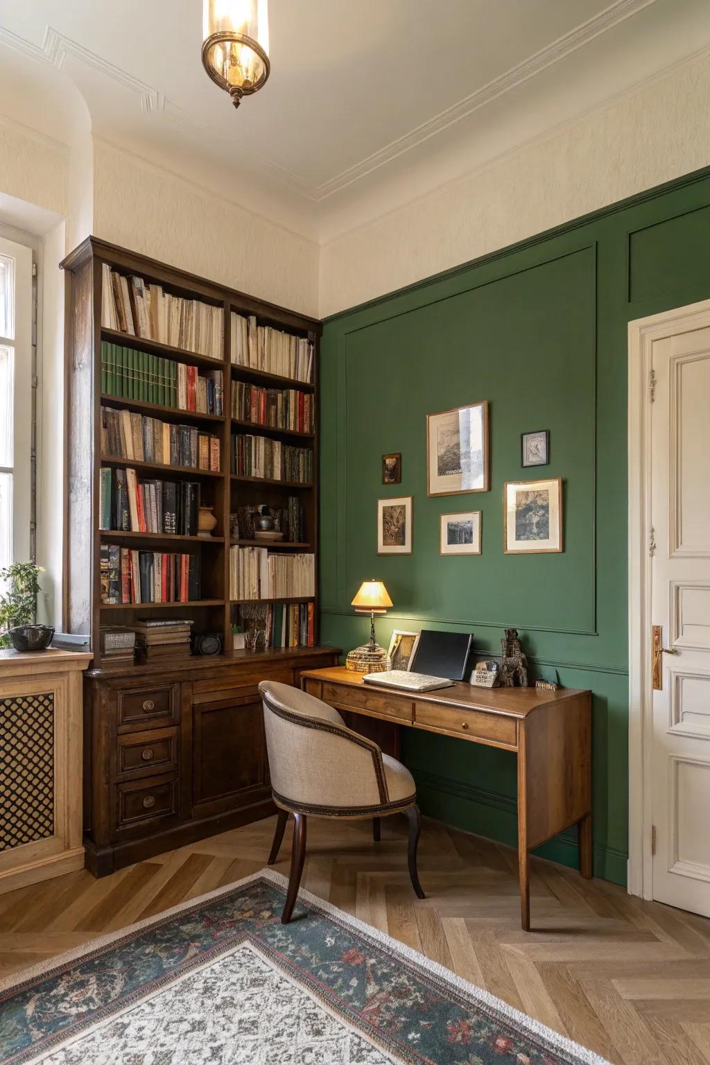 A personal library retreat fashioned with nature-inspired green and cream tones.